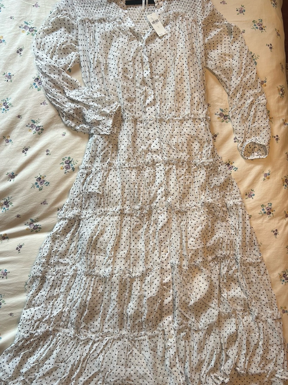 Anthropologie White Maxi Dress with Black Polka Dot Print